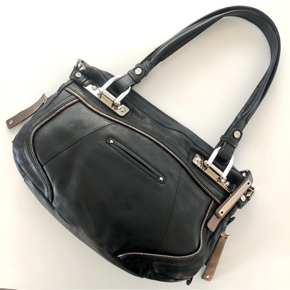 B. Makowsky Black Leather & Leopard Calf Hair Satchel Handbag - Picture 9 of 15